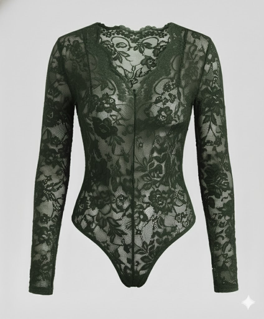 Women Lace Bodysuit Long Sleeve V-Neck