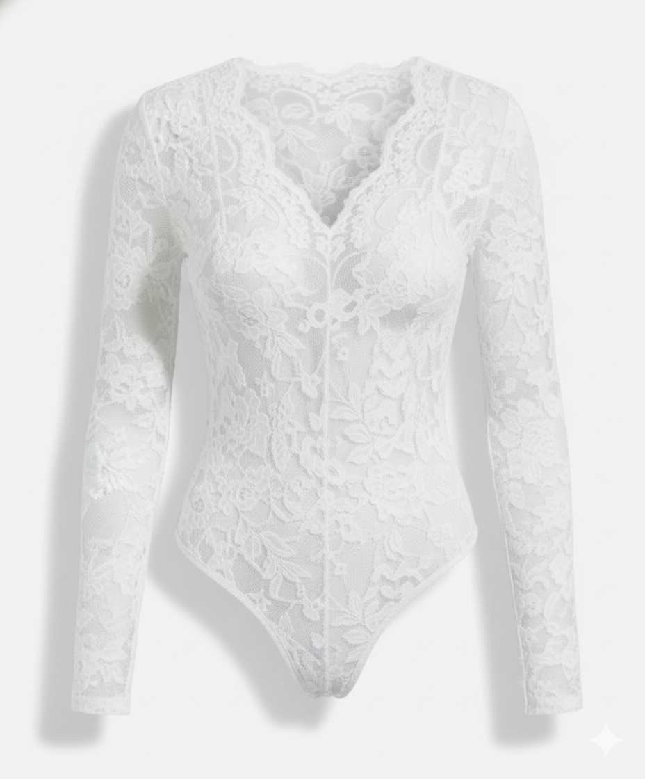 Women Lace Bodysuit Long Sleeve V-Neck